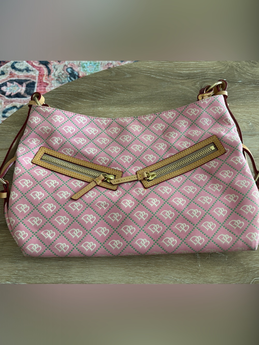 Dooney & Bourke Pink Monogram Crossbody with Tan Trim